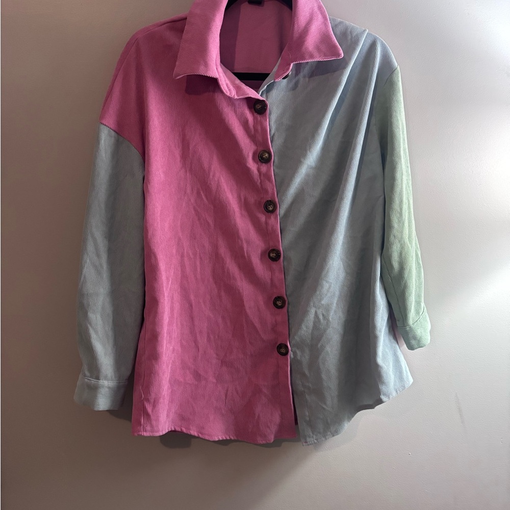 SHEIN Pink and Green Button-Down Shirt